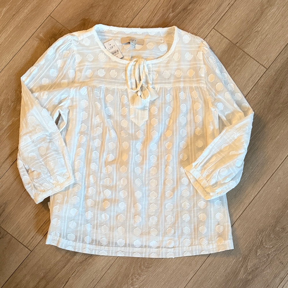 LOFT White Textured Polkadot Blouse with Bow Detail NWOT